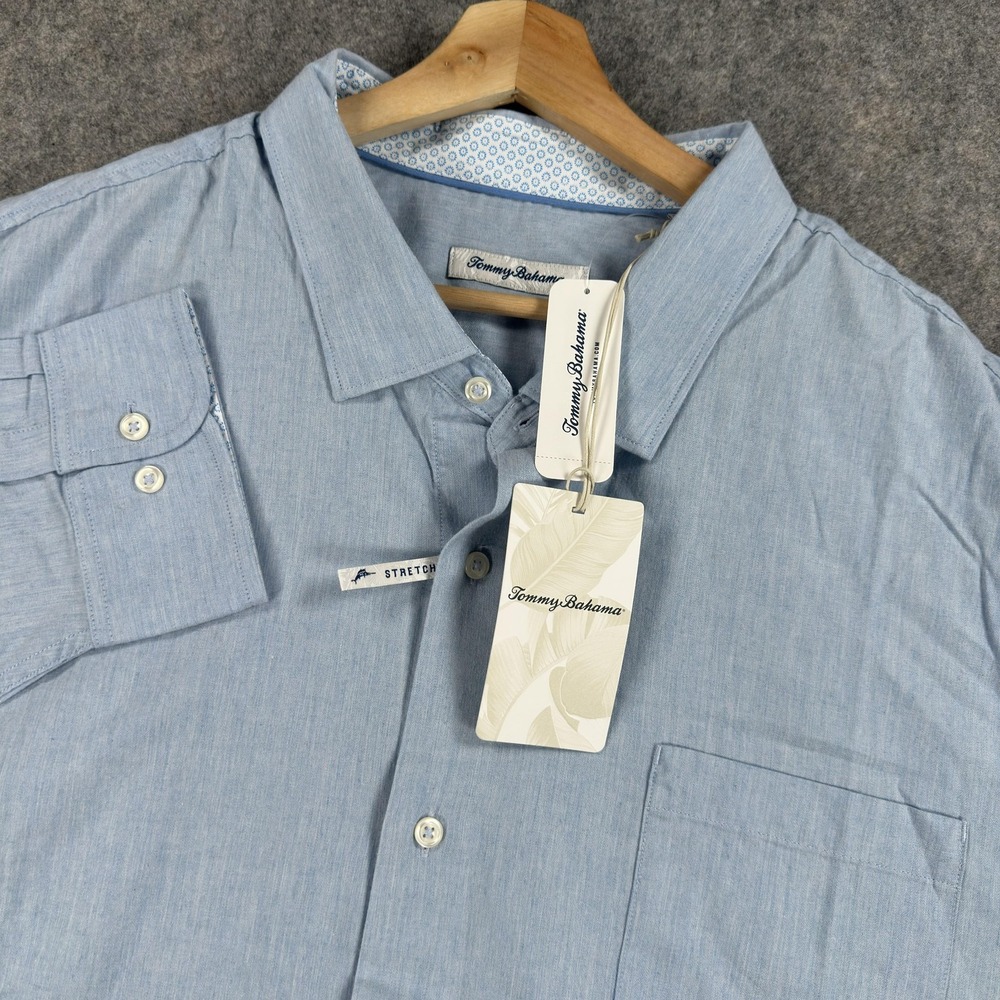 Tommy Bahama Heather Bay Shirt Mens Big 3X Blue Herringbone Stretch Long Sleeve